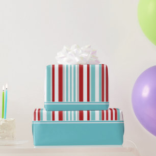Retro Solid Aqua w/ Red, White, Aqua Blue Stripes Wrapping Paper