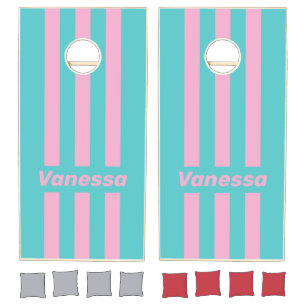 Retro South Beach Pin Striped with Name Cornhole Set