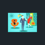 Retro Space Age Cartoon Couple Canvas Print<br><div class="desc">Honey, I'm home! This Retro Space Age Cartoon Couple Stretched Canvas Print will have you feeling envious of the cartoon couple on a stretched canvas print! The design features a turquoise background with teal bricks and an olive green, cone fireplace. A sleek, black cat is sitting on a sleek orange...</div>
