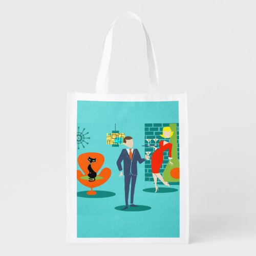 Retro Space Age Cartoon Couple Grocery Bag