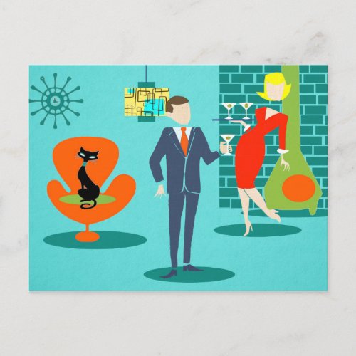 Retro Space Age Cartoon Couple Postcard