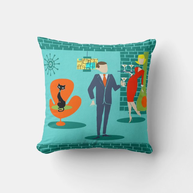 Retro Space Age Cartoon Couple Throw Pillow (Front)