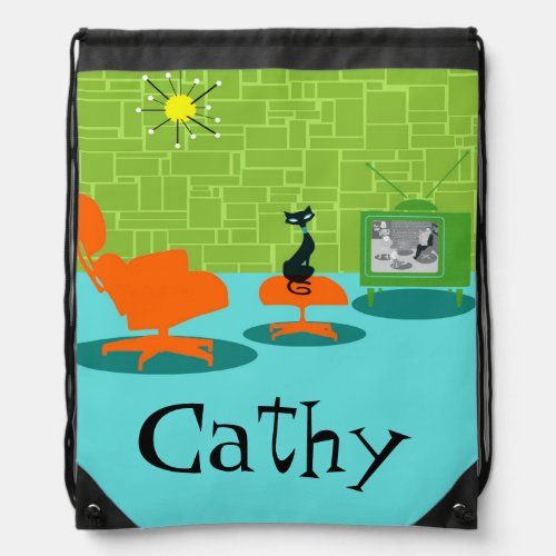 Retro Space Age Kitty Drawstring Backpack