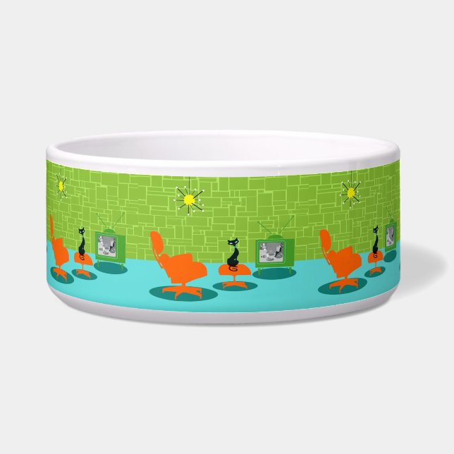 Retro Space Age Kitty Pet Bowl (Front)
