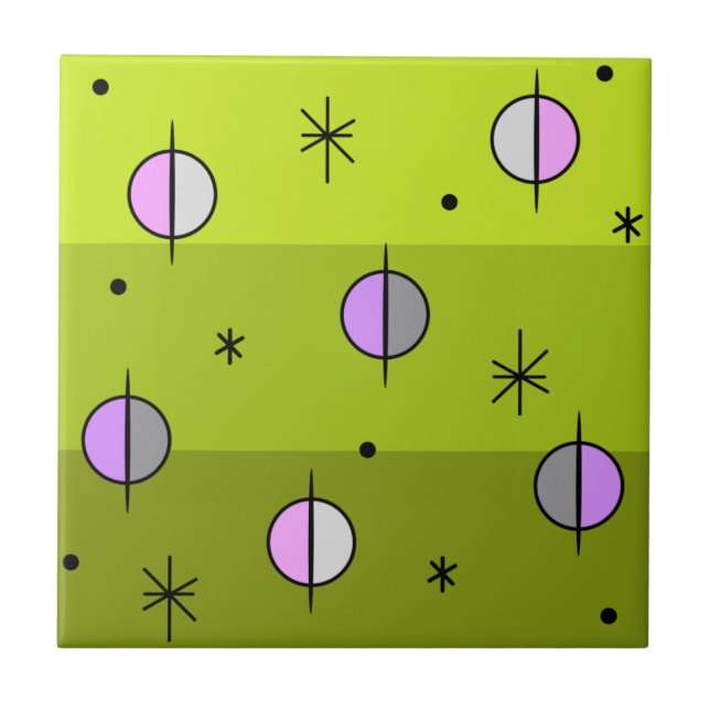 Retro Space Age Planets Stars Chartreuse Ceramic Tile (Front)