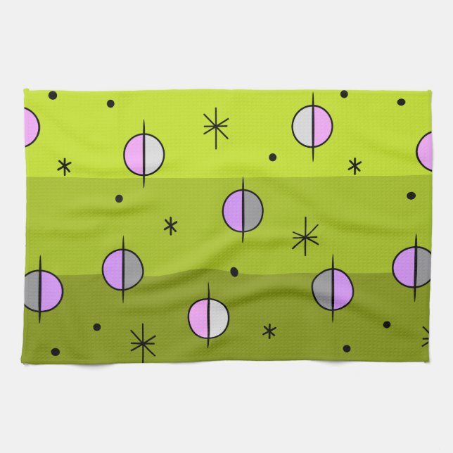 Retro Space Age Planets Stars Chartreuse Kitchen Towel (Horizontal)