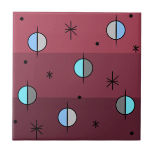 Retro Space Age Planets Stars Maroon Ceramic Tile