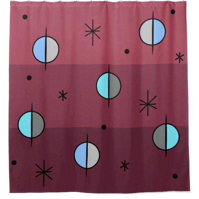 Retro Space Age Planets Stars Maroon Shower Curtain (Front)