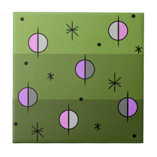 Retro Space Age Planets Stars Olive Green Ceramic Tile