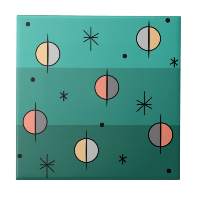 Retro Space Age Planets Stars Turquoise Ceramic Tile (Front)
