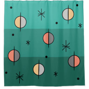 Retro Space Age Planets Stars Turquoise Shower Curtain
