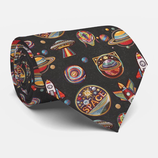 Retro Space and UFO Pattern for Sci-Fi Fans Neck Tie (Rolled)