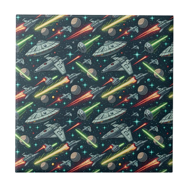 Retro Space Battle Sci-Fi Spaceship Comic Pattern Ceramic Tile (Front)