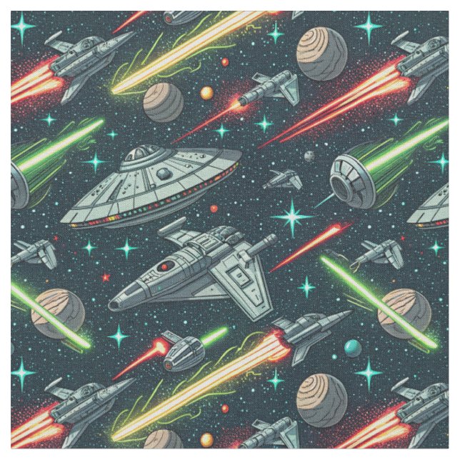 Retro Space Battle Sci-Fi Spaceship Comic Pattern Fabric (Close Up)