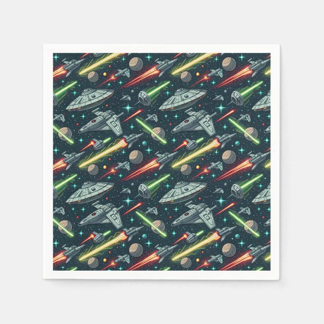Retro Space Battle Sci-Fi Spaceship Comic Pattern Napkins (Front)