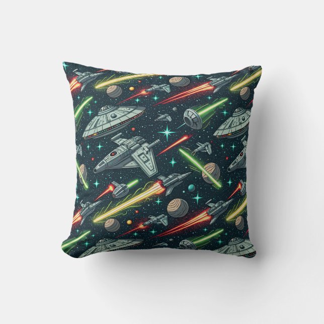 Retro Space Battle Sci-Fi Spaceship Comic Pattern Throw Pillow (Front)