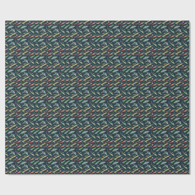 Retro Space Battle Sci-Fi Spaceship Comic Pattern Wrapping Paper (Flat)