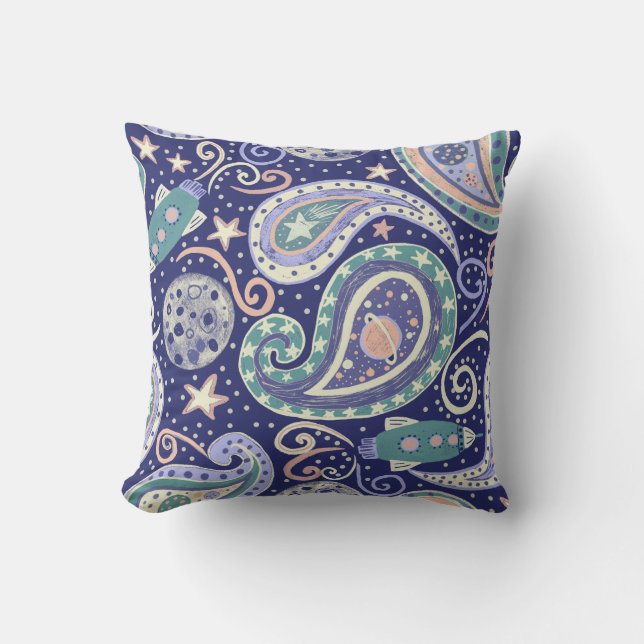 Retro Space Galaxy Paisley Design Throw Pillow (Front)
