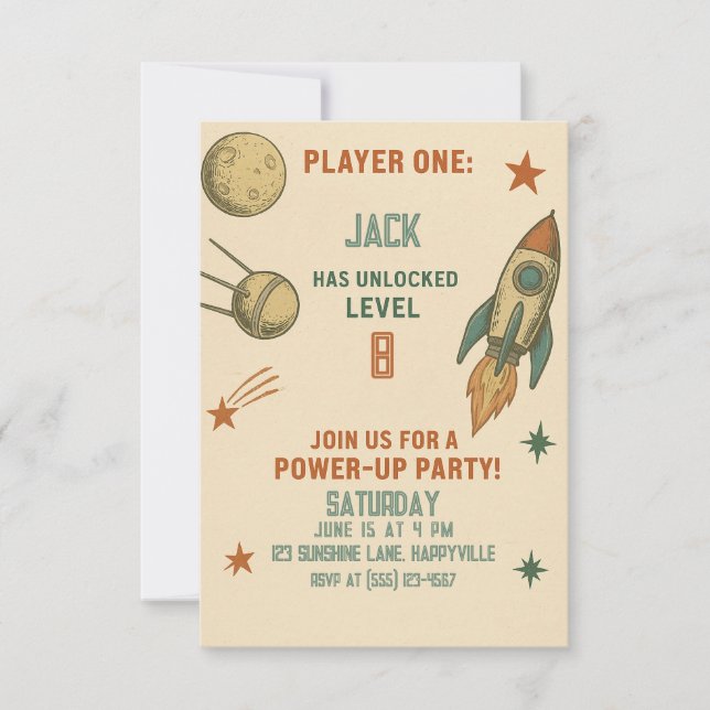 Retro Space Gamer Birthday Invitation - For Boys (Front)