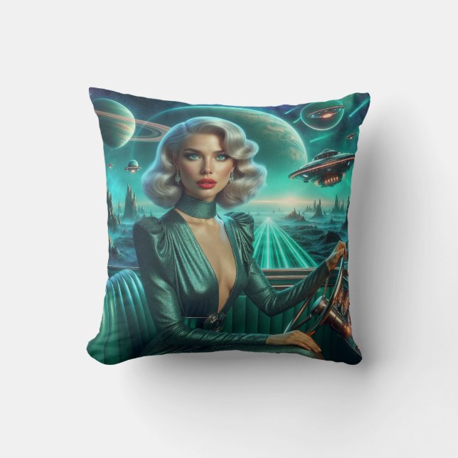 Retro Space Girl Throw Pillow (Front)