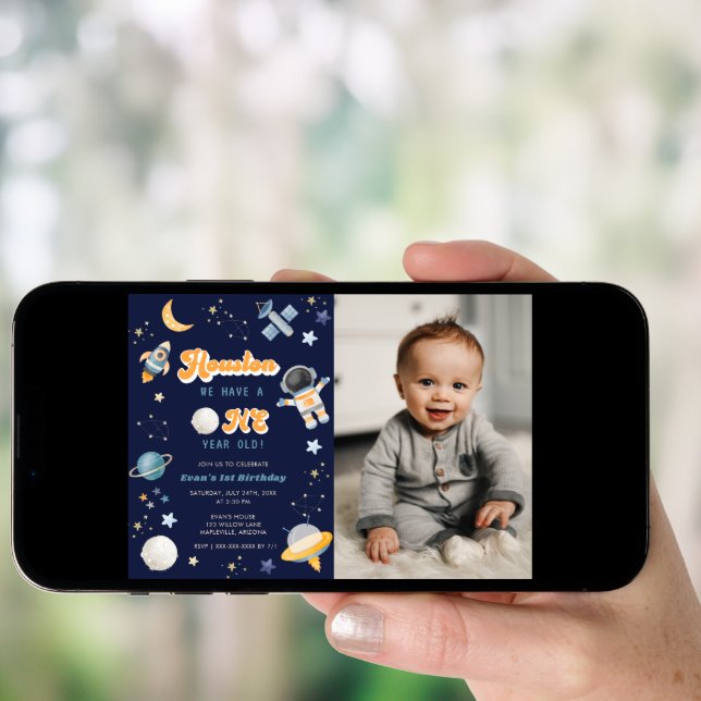 Retro Space Houston We Have a 1 Year Old Birthday  Invitation (Front Digital)