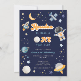 Retro Space Houston We Have a 1 Year Old Birthday Invitation
