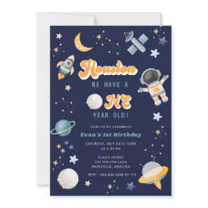 Retro Space Houston We Have a 1 Year Old Birthday Invitation