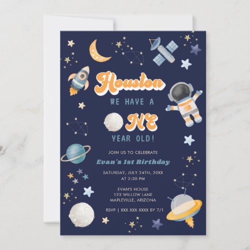 Retro Space Houston We Have a 1 Year Old Birthday Invitation
