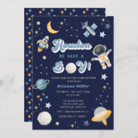 Retro Space Houston We Have a Boy Baby Shower Invitation