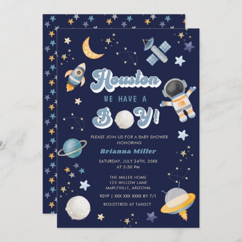 Retro Space Houston We Have a Boy Baby Shower Invitation
