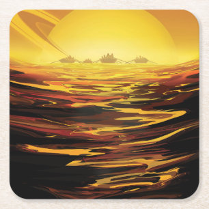 Retro Space Poster-Saturn's Largest Moon, Titan. Square Paper Coaster