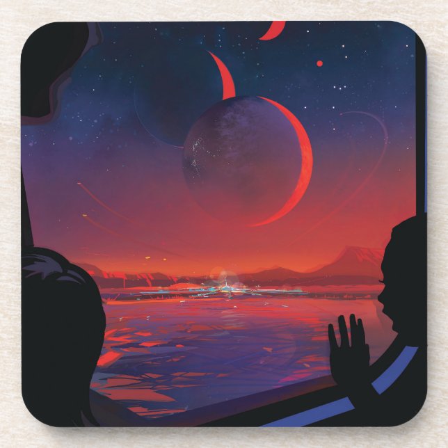 Retro Space Poster - Viewers Observe Trappist-1e. Beverage Coaster (Front)