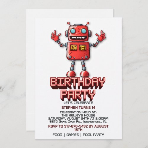 Retro Space Robot Birthday Party Invitations