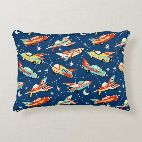 Retro Space Rocket Cars Blue Cute Kids Pattern Accent Pillow