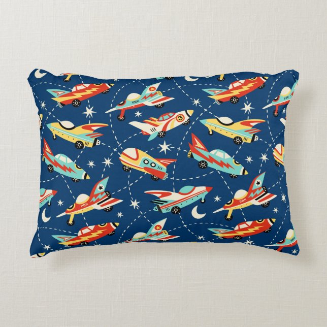 Retro Space Rocket Cars Blue Cute Kids Pattern Accent Pillow (Front)