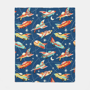 Retro Space Rocket Cars Blue Cute Kids Pattern Fleece Blanket