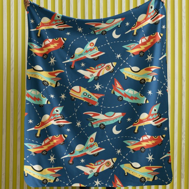 Retro Space Rocket Cars Blue Cute Kids Pattern Sherpa Blanket (Creator Uploaded)