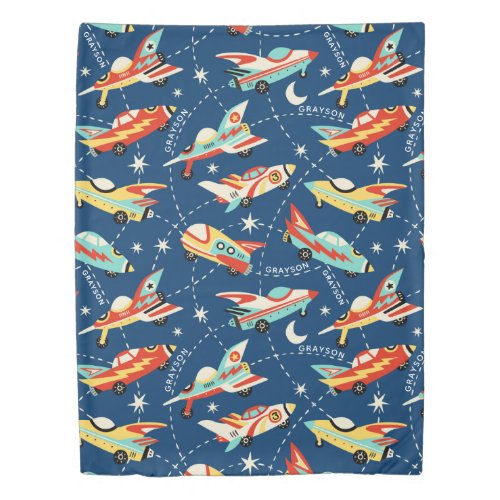 Retro Space Rocket Cars Blue Personalized Name Duvet Cover