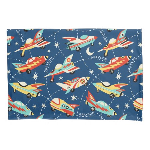 Retro Space Rocket Cars Blue Personalized Name Pillow Case