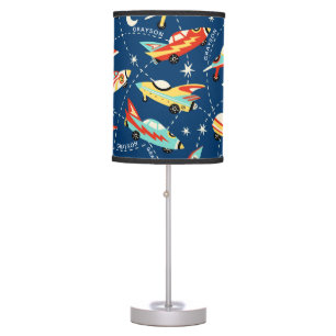 Retro Space Rocket Cars Blue Personalized Name Table Lamp