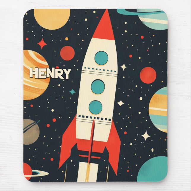 Retro Space Rocket Illustration Mouse Pad (Front)