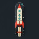 Retro Space Rocket Illustration Skateboard<br><div class="desc">A vibrant retro-themed illustration of a classic rocket ship blasting off into space, surrounded by colorful planets, stars, and cosmic elements. the design uses bold reds, teals, and oranges against a dark starry background, evoking mid-century sci-fi aesthetics. This whimsical and nostalgic artwork is ideal for children’s rooms. The best part...</div>