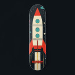 Retro Space Rocket Illustration Skateboard<br><div class="desc">A vibrant retro-themed illustration of a classic rocket ship blasting off into space, surrounded by colorful planets, stars, and cosmic elements. the design uses bold reds, teals, and oranges against a dark starry background, evoking mid-century sci-fi aesthetics. This whimsical and nostalgic artwork is ideal for children’s rooms. The best part...</div>