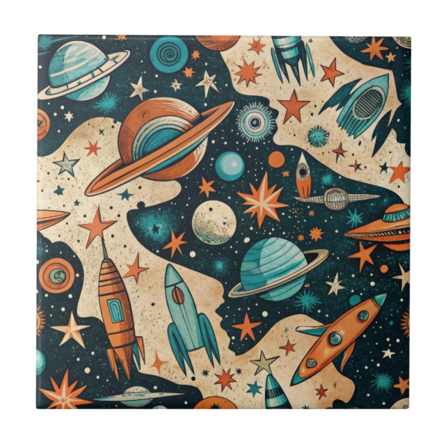 Retro Space Rocket Planets Orange Teal Nursery Ceramic Tile (Front)
