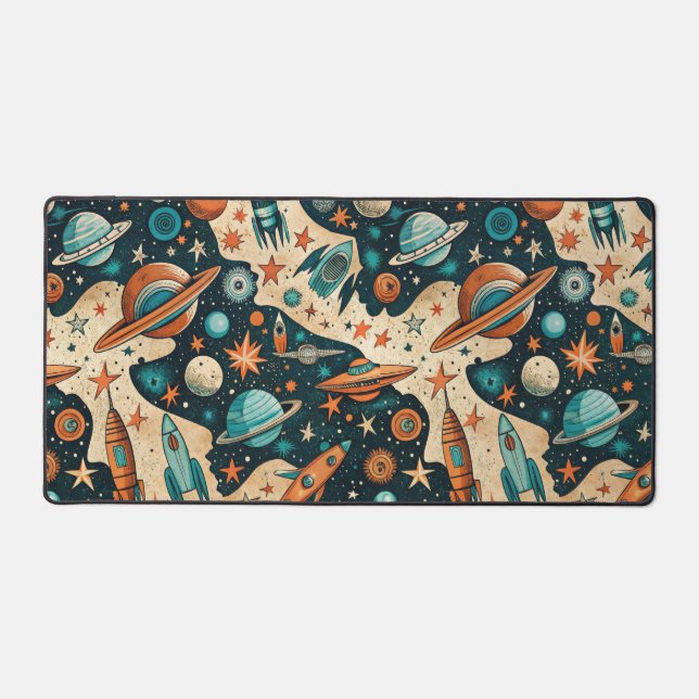 Retro Space Rocket Planets Orange Teal Nursery Desk Mat (Front)
