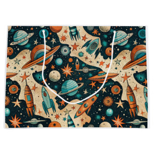 Retro Space Rocket Planets Orange Teal Nursery Large Gift Bag