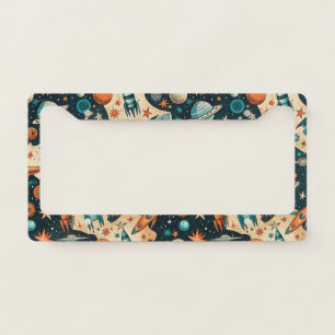 Retro Space Rocket Planets Orange Teal Nursery License Plate Frame