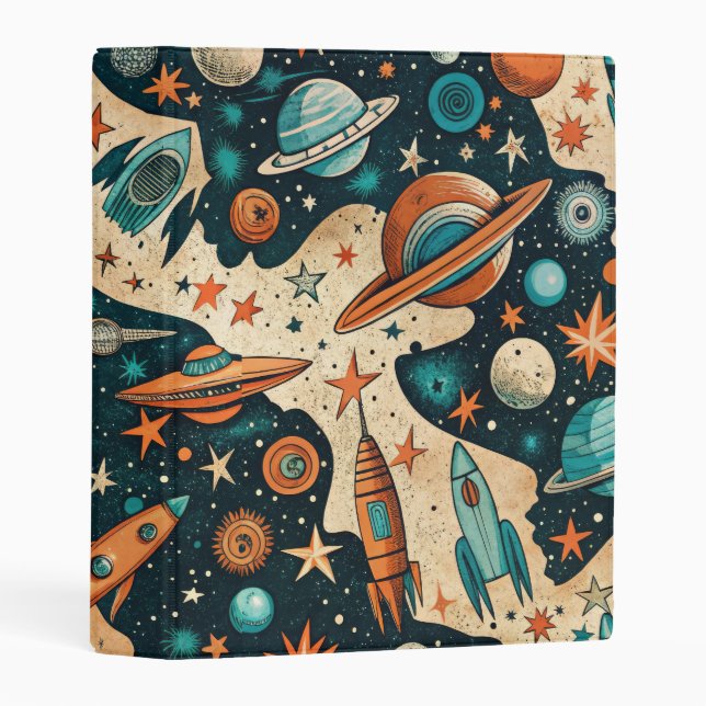 Retro Space Rocket Planets Orange Teal Nursery Mini Binder (Front/Spine)