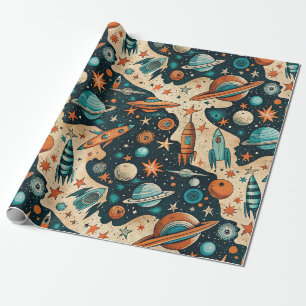 Retro Space Rocket Planets Orange Teal Nursery Wrapping Paper