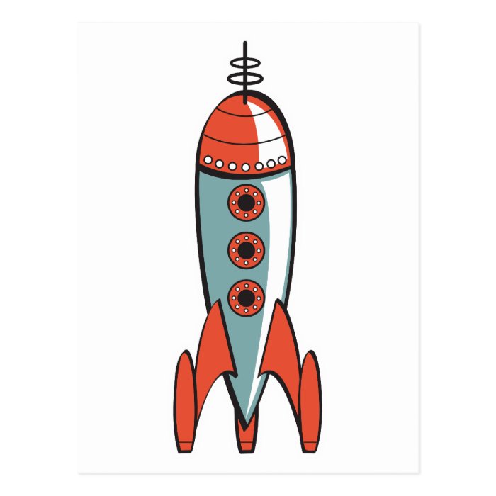 retro space rocket post card